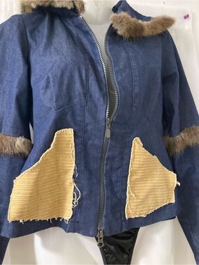 Y2K Denim Hooded Jacket Faux Fur Trim Fairy Grunge Festival Coat
